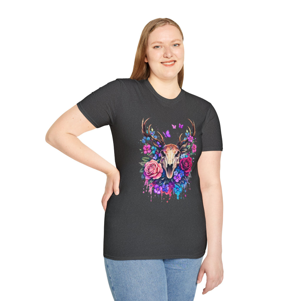 Deer Skull Floral T‑Shirt — Colorful Antler Skull with Roses