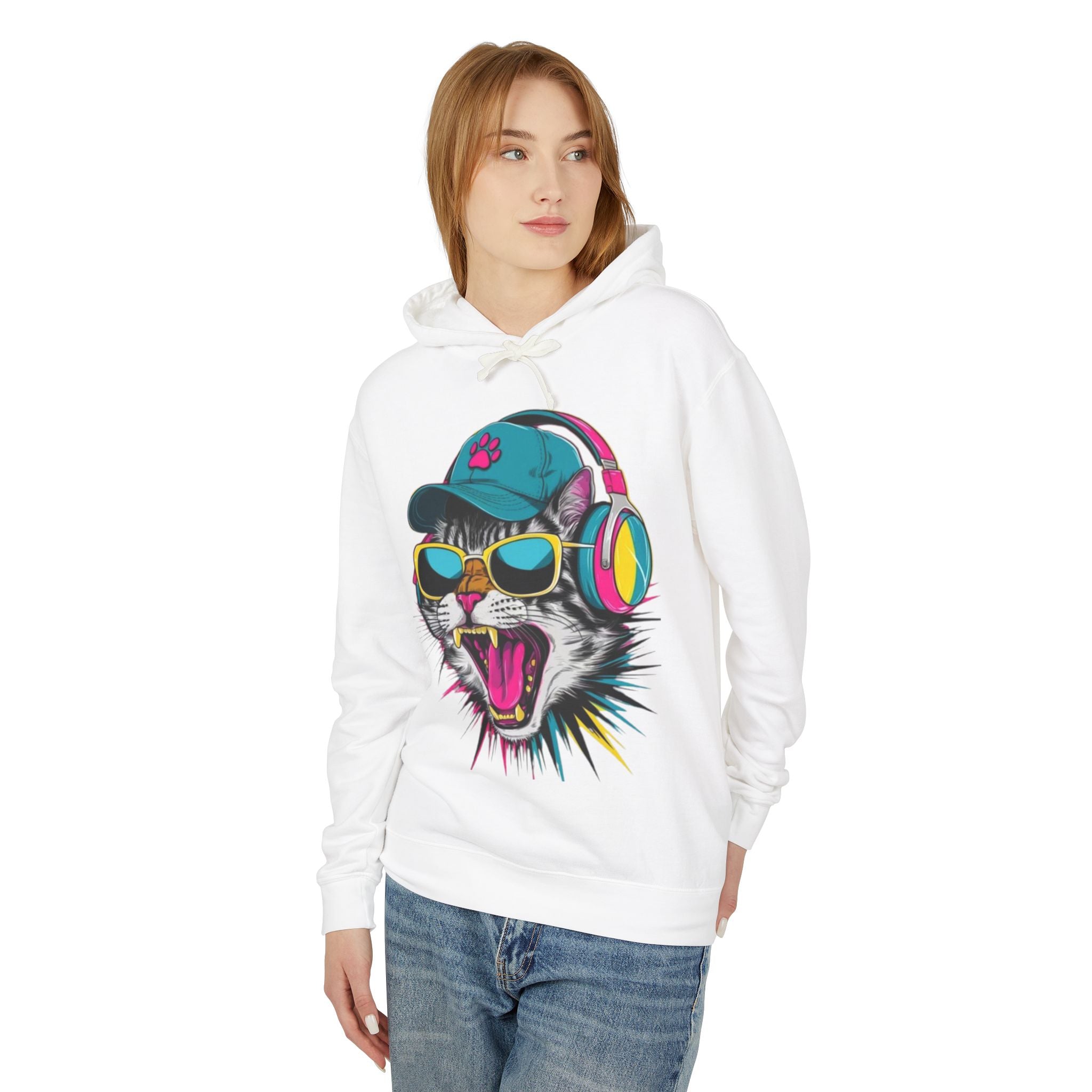 Cat DJ Hoodie — Neon Retro Cat With Headphones Graphic Hoodie
