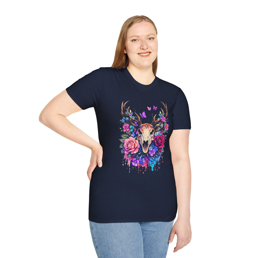 Deer Skull Floral T‑Shirt — Colorful Antler Skull with Roses