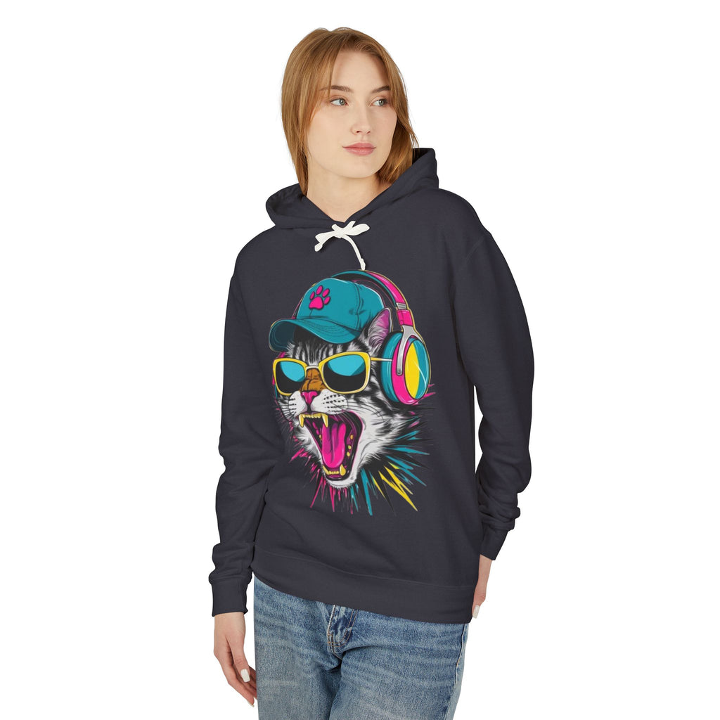 Cat DJ Hoodie — Neon Retro Cat With Headphones Graphic Hoodie
