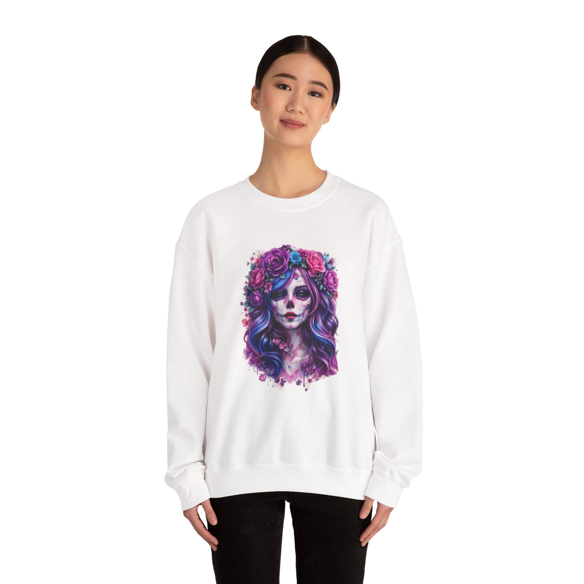 Sugar Skull Floral Crewneck Sweatshirt — Day of the Dead Skull Girl Design