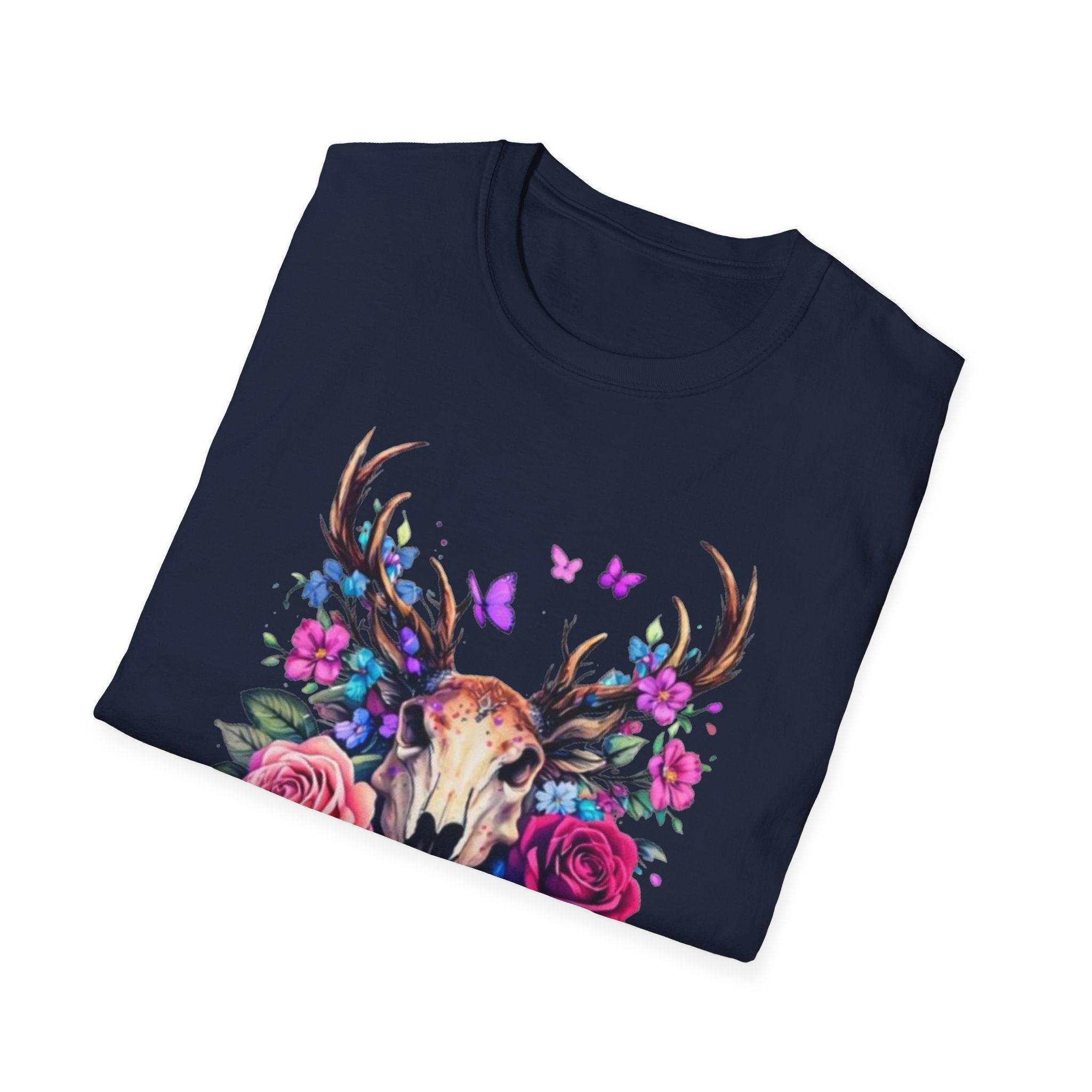 Deer Skull Floral T‑Shirt — Colorful Antler Skull with Roses