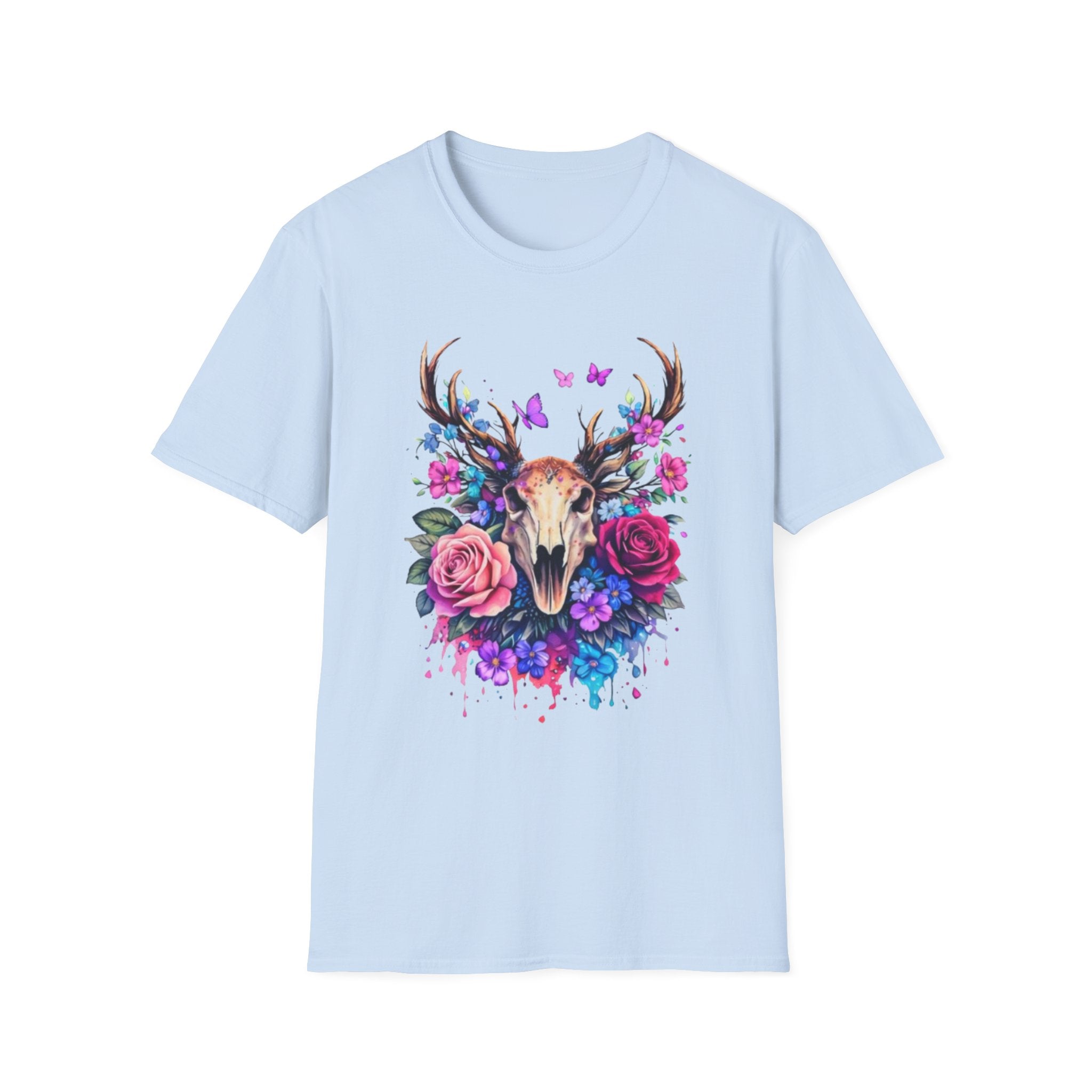 Deer Skull Floral T‑Shirt — Colorful Antler Skull with Roses