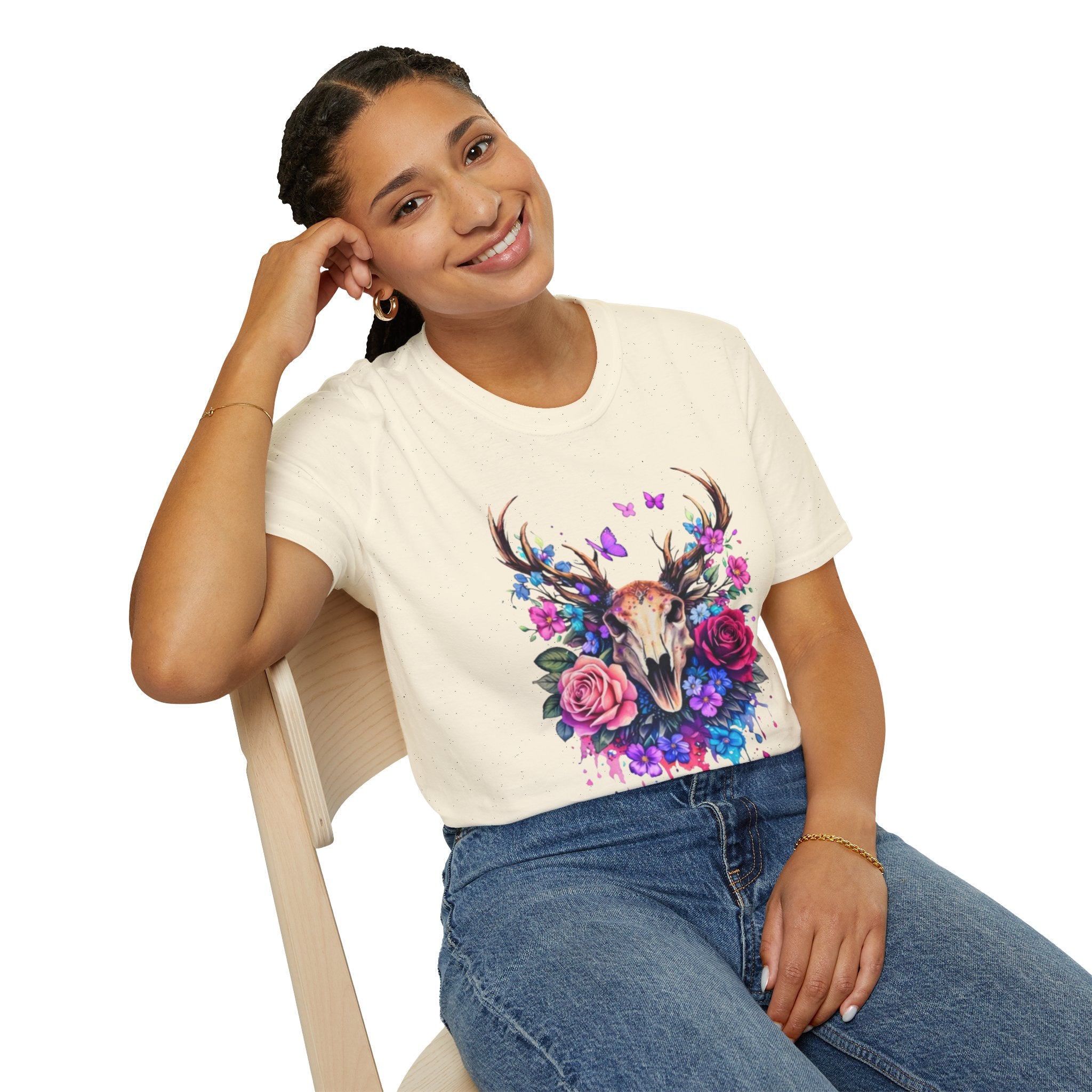 Deer Skull Floral T‑Shirt — Colorful Antler Skull with Roses