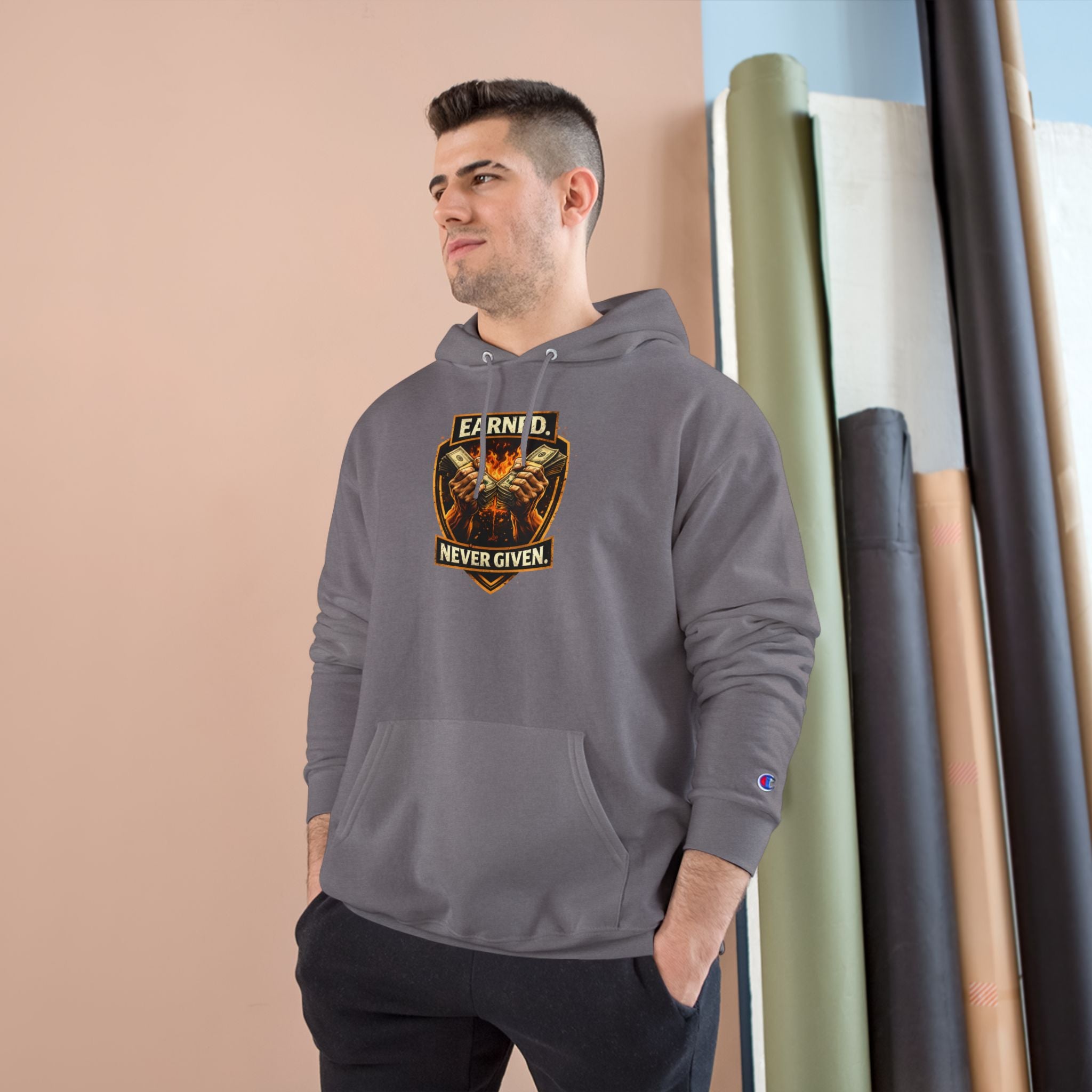 Champion Hoodie — 'Earned, Never Given' Motivational Sports Hoodie with Tiger Crest