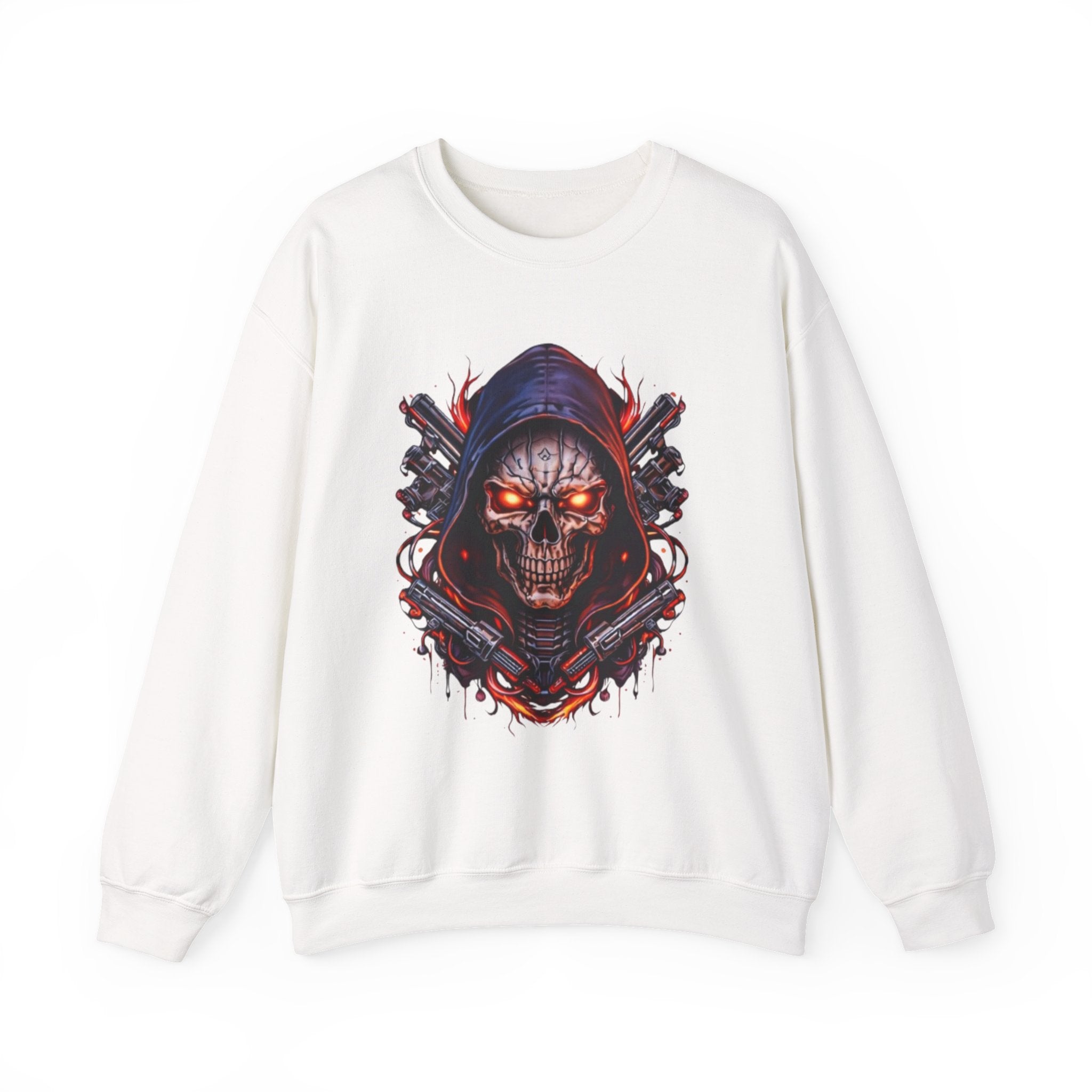 Skull Reaper Crewneck Sweatshirt — Gothic Hooded Skull Graphic