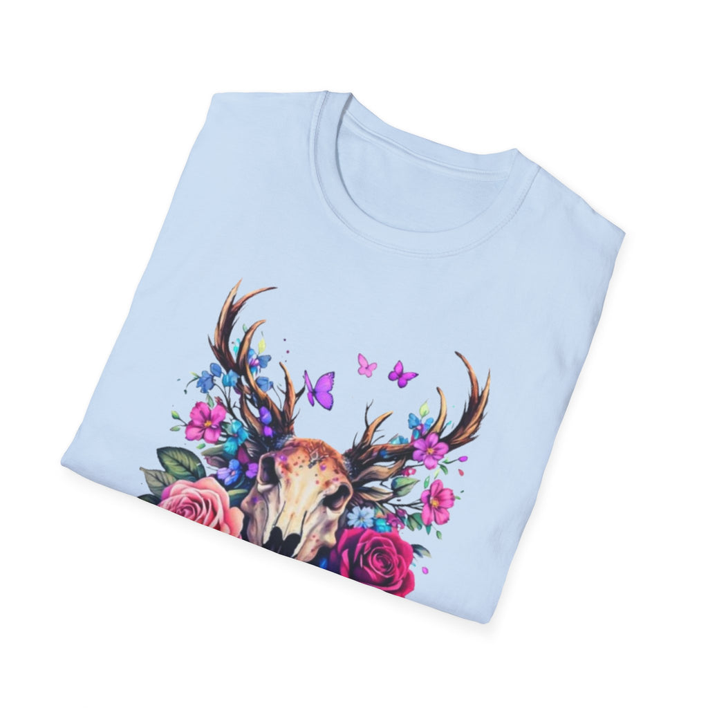 Deer Skull Floral T‑Shirt — Colorful Antler Skull with Roses