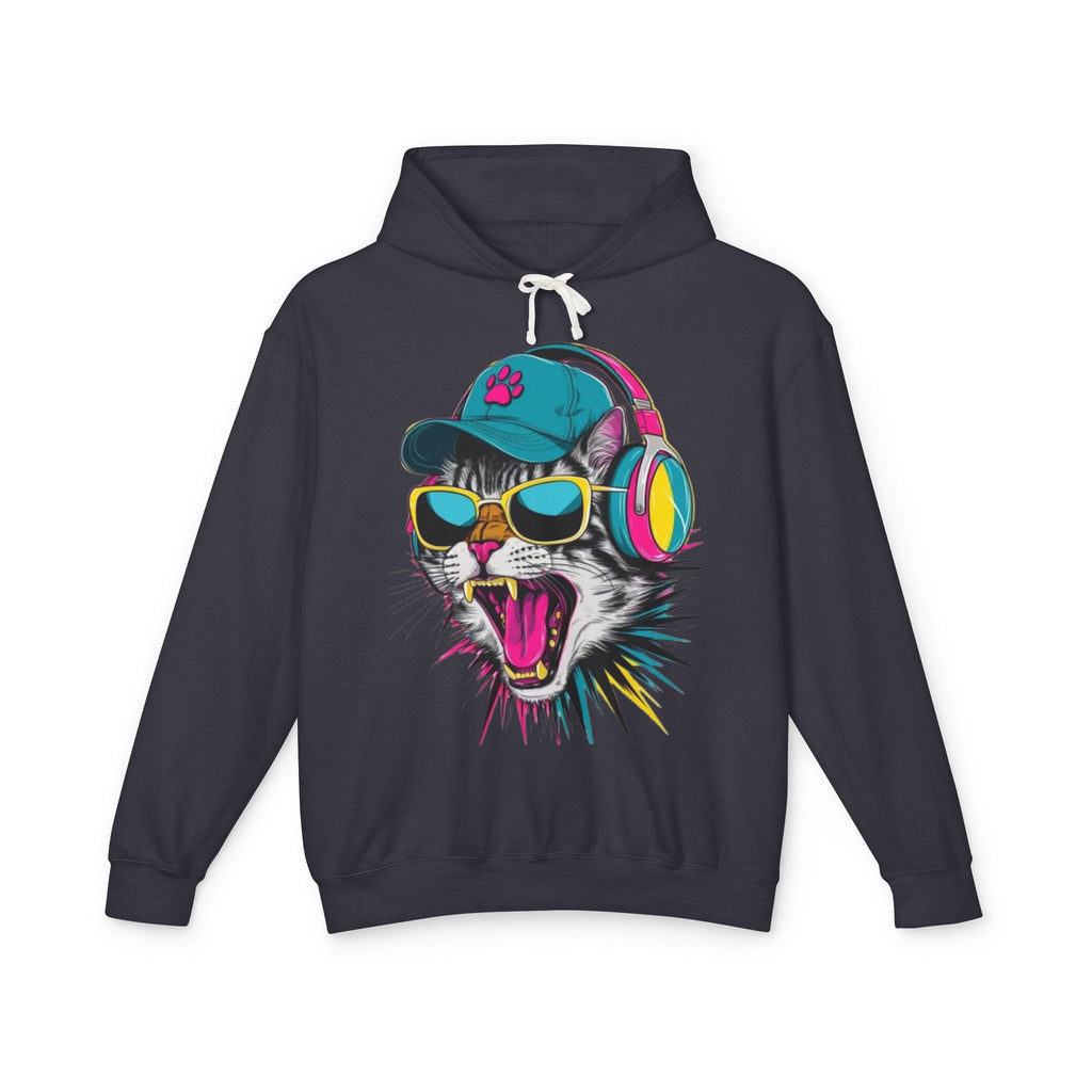 Cat DJ Hoodie — Neon Retro Cat With Headphones Graphic Hoodie