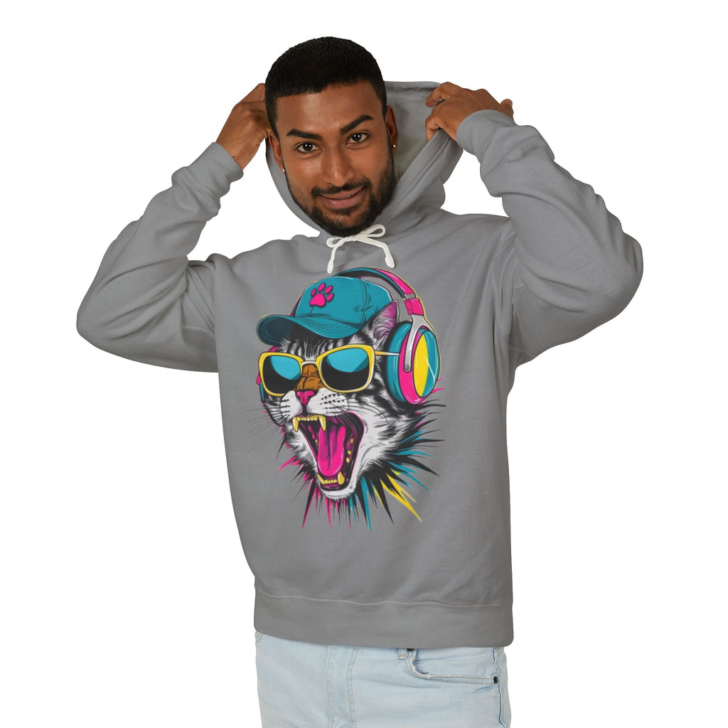 Cat DJ Hoodie — Neon Retro Cat With Headphones Graphic Hoodie