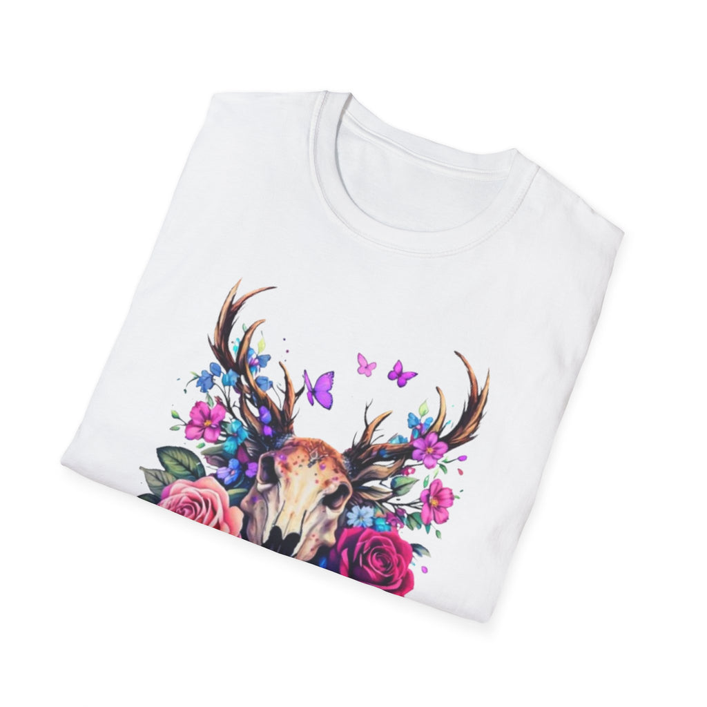 Deer Skull Floral T‑Shirt — Colorful Antler Skull with Roses