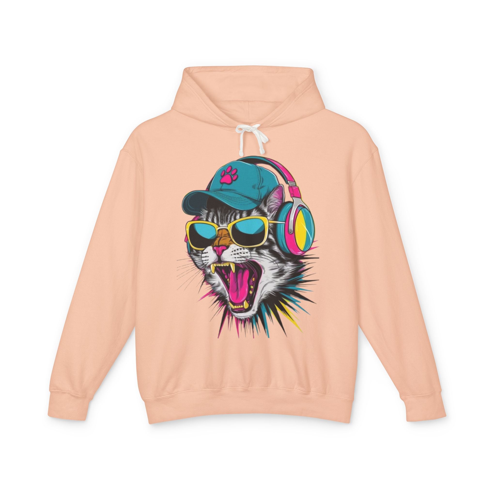 Cat DJ Hoodie — Neon Retro Cat With Headphones Graphic Hoodie