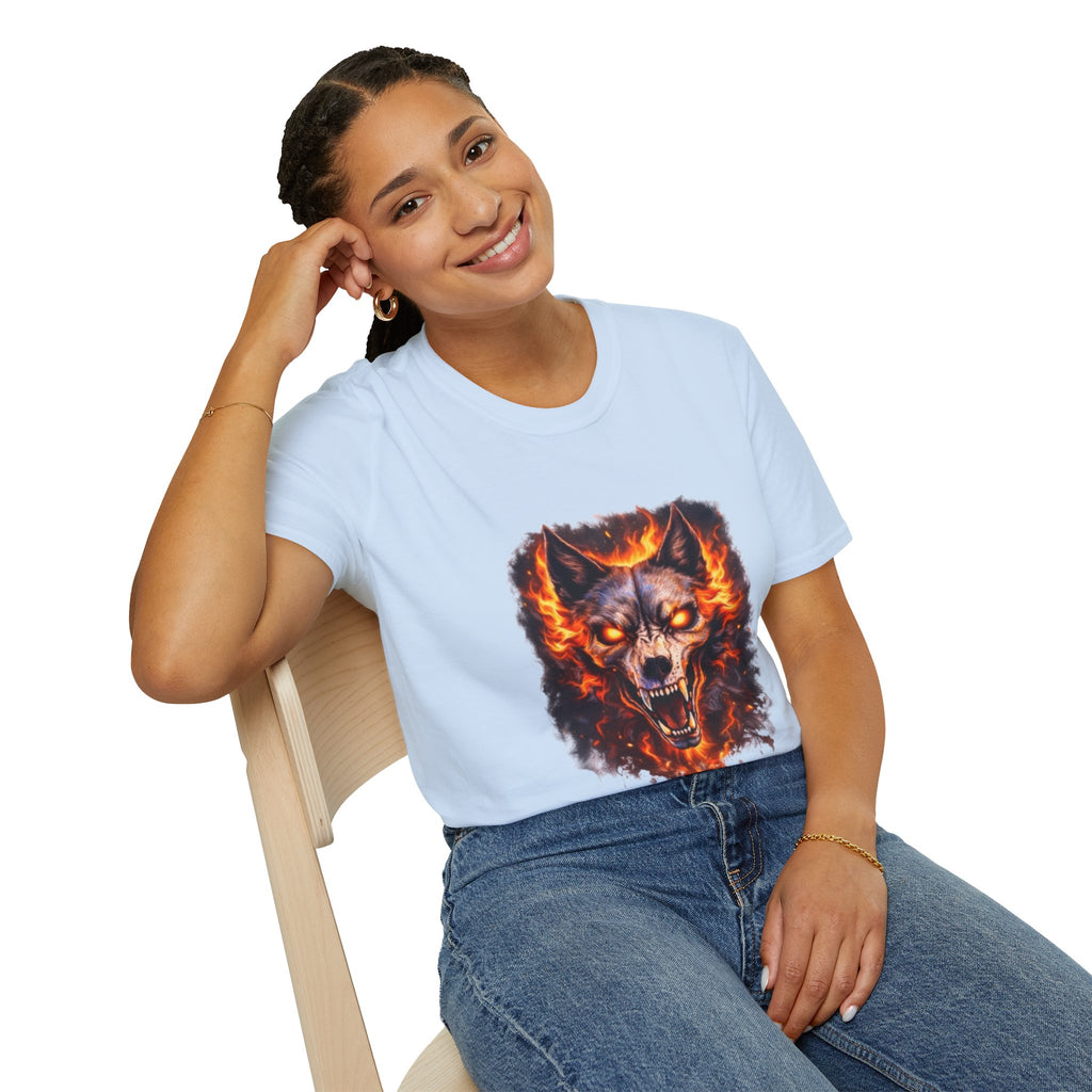 Flaming Wolf Skull T-Shirt — Fiery Wolf Head Graphic Tee