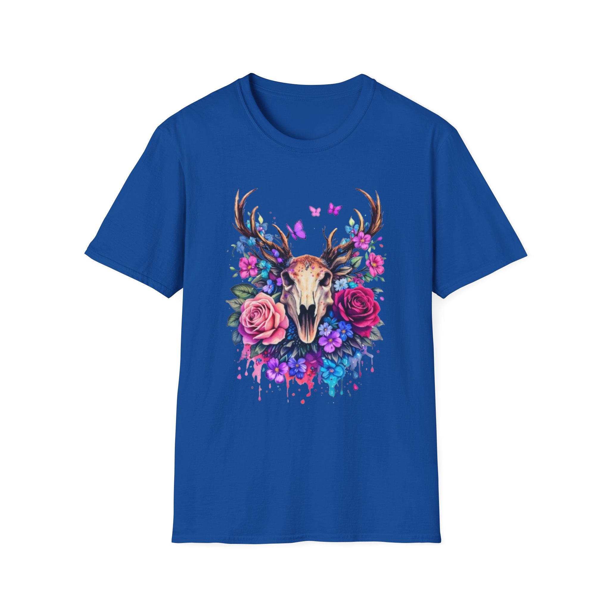 Deer Skull Floral T‑Shirt — Colorful Antler Skull with Roses