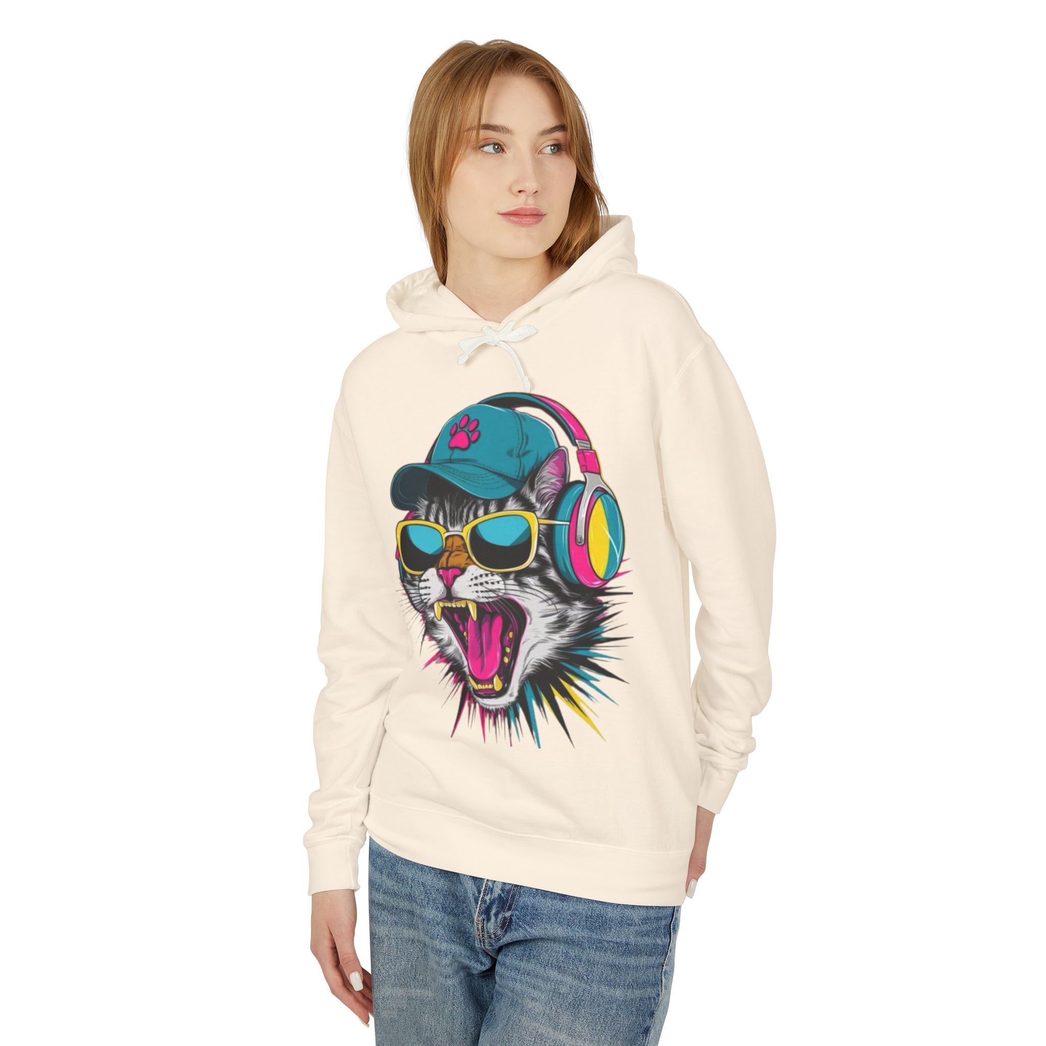 Cat DJ Hoodie — Neon Retro Cat With Headphones Graphic Hoodie