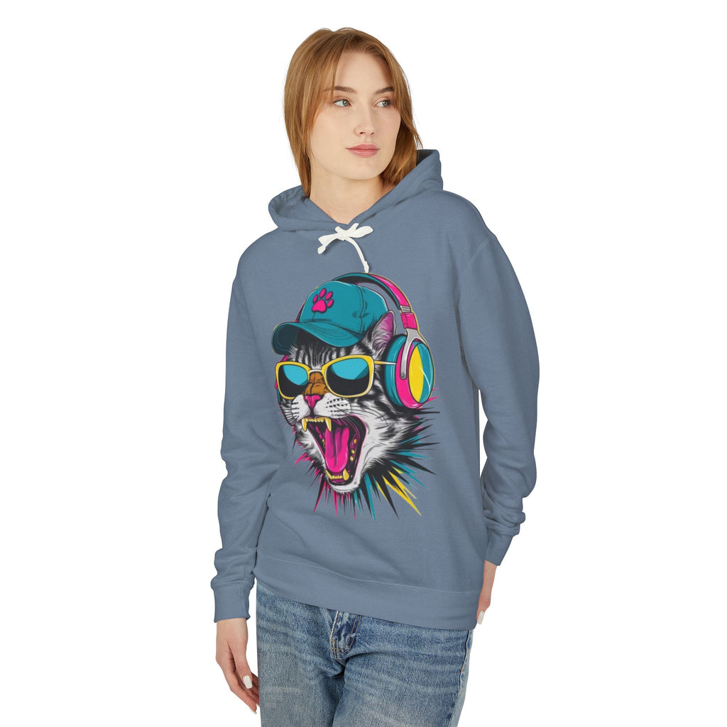 Cat DJ Hoodie — Neon Retro Cat With Headphones Graphic Hoodie