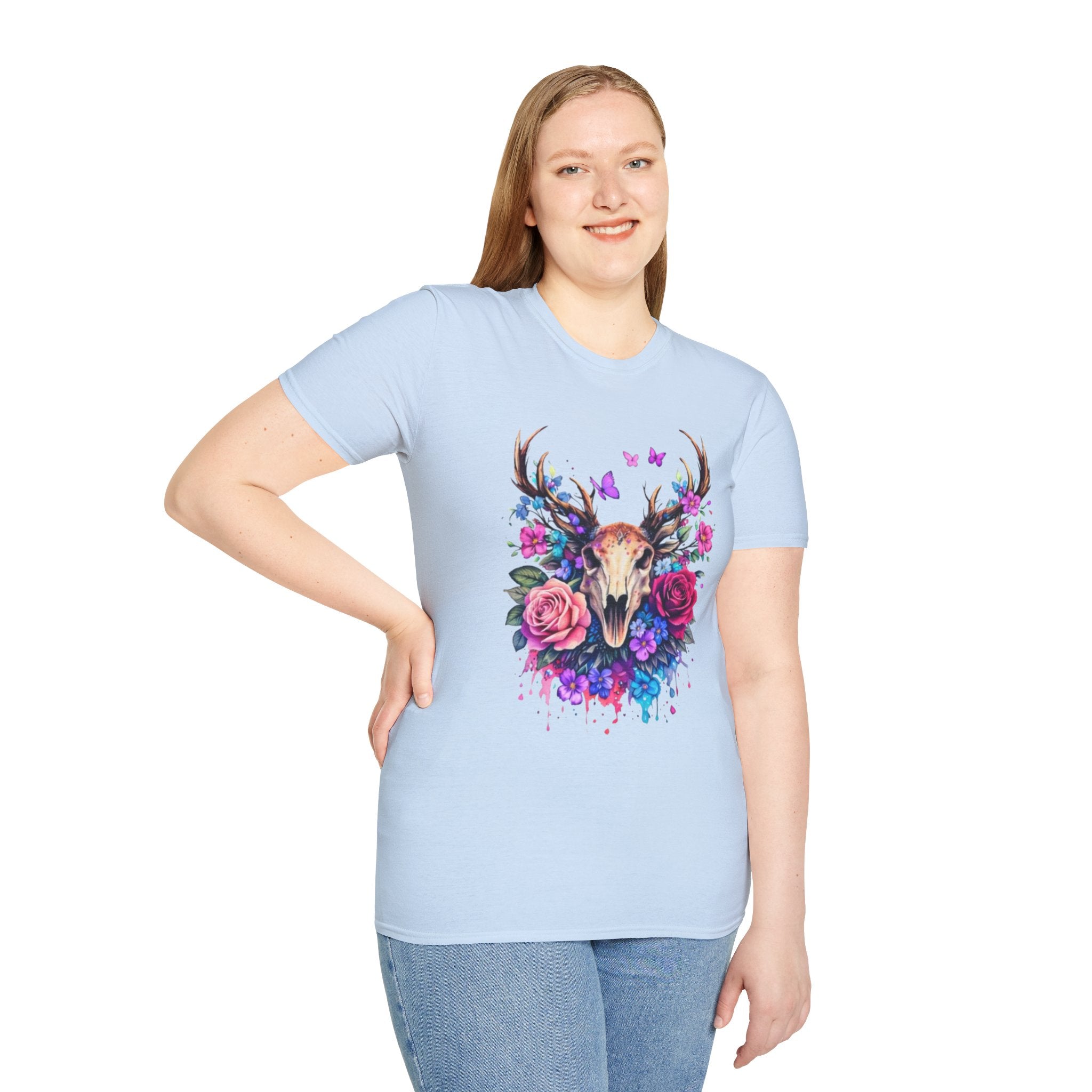 Deer Skull Floral T‑Shirt — Colorful Antler Skull with Roses