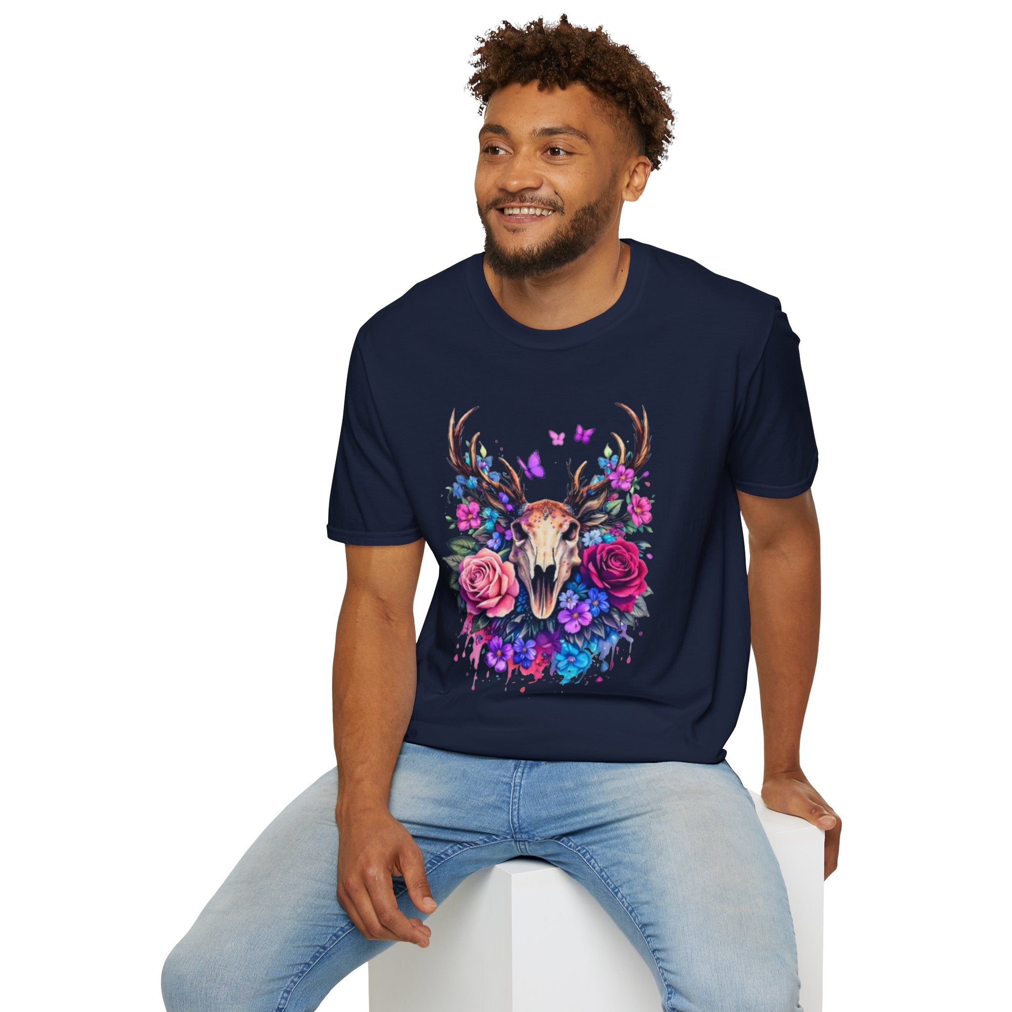 Deer Skull Floral T‑Shirt — Colorful Antler Skull with Roses