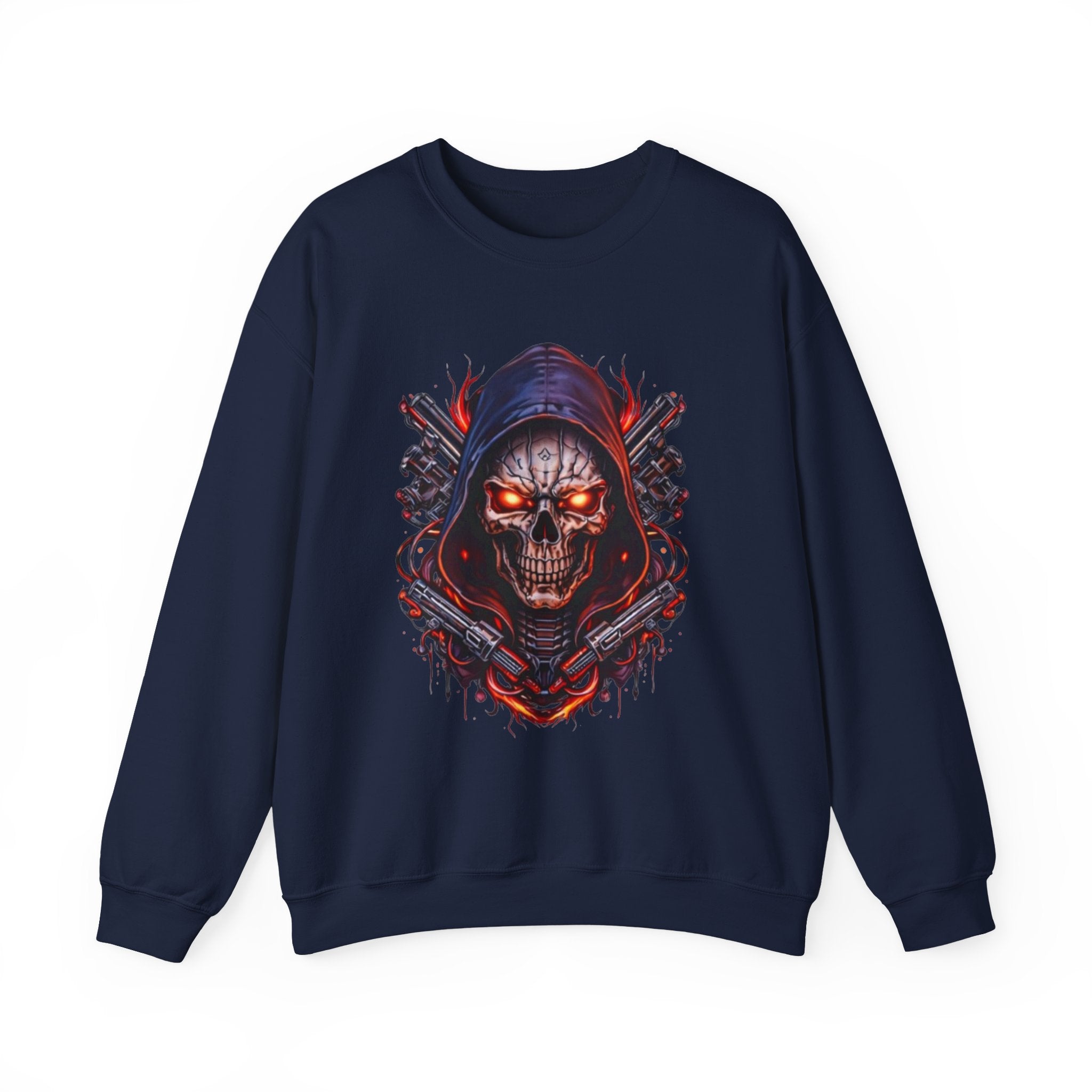 Skull Reaper Crewneck Sweatshirt — Gothic Hooded Skull Graphic
