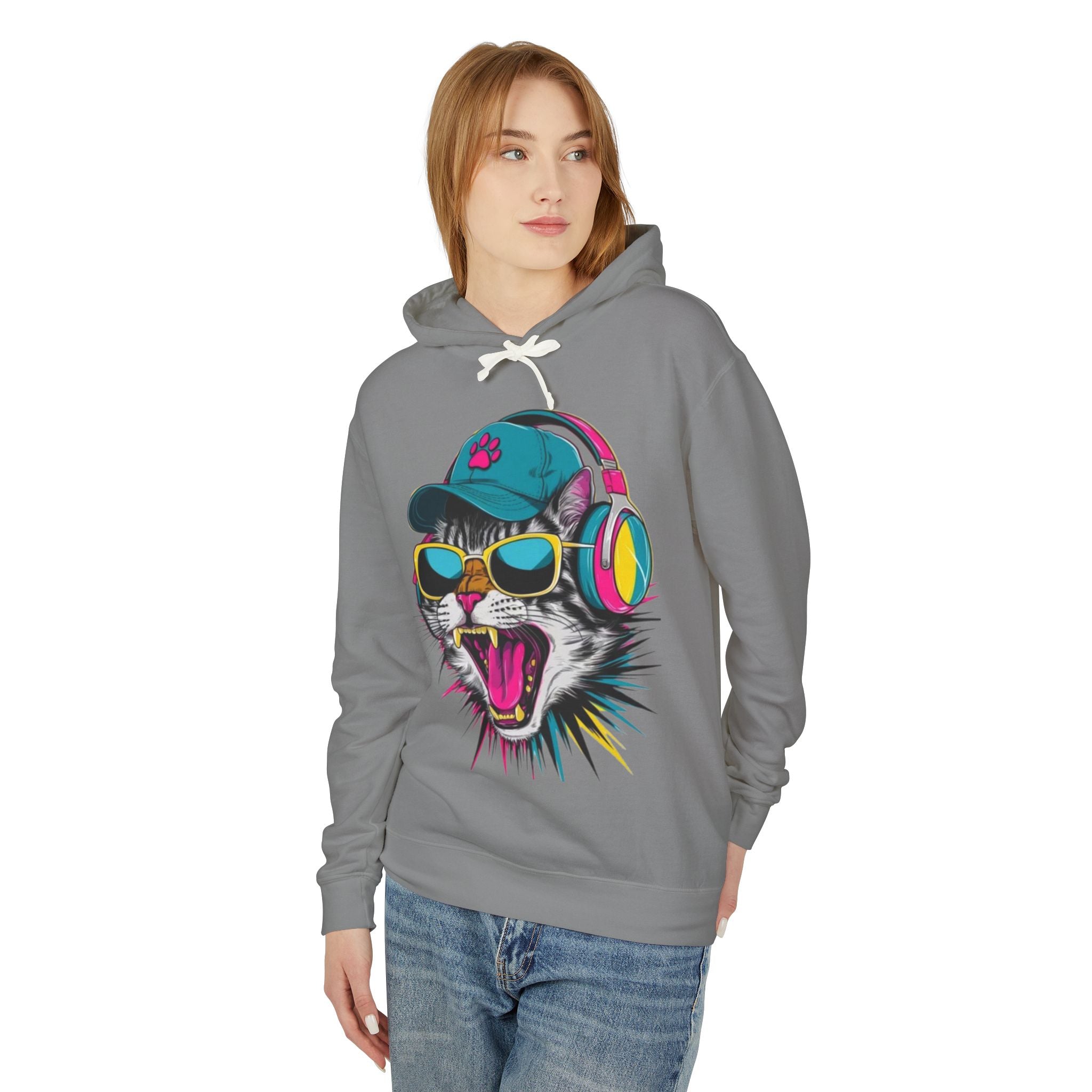 Cat DJ Hoodie — Neon Retro Cat With Headphones Graphic Hoodie