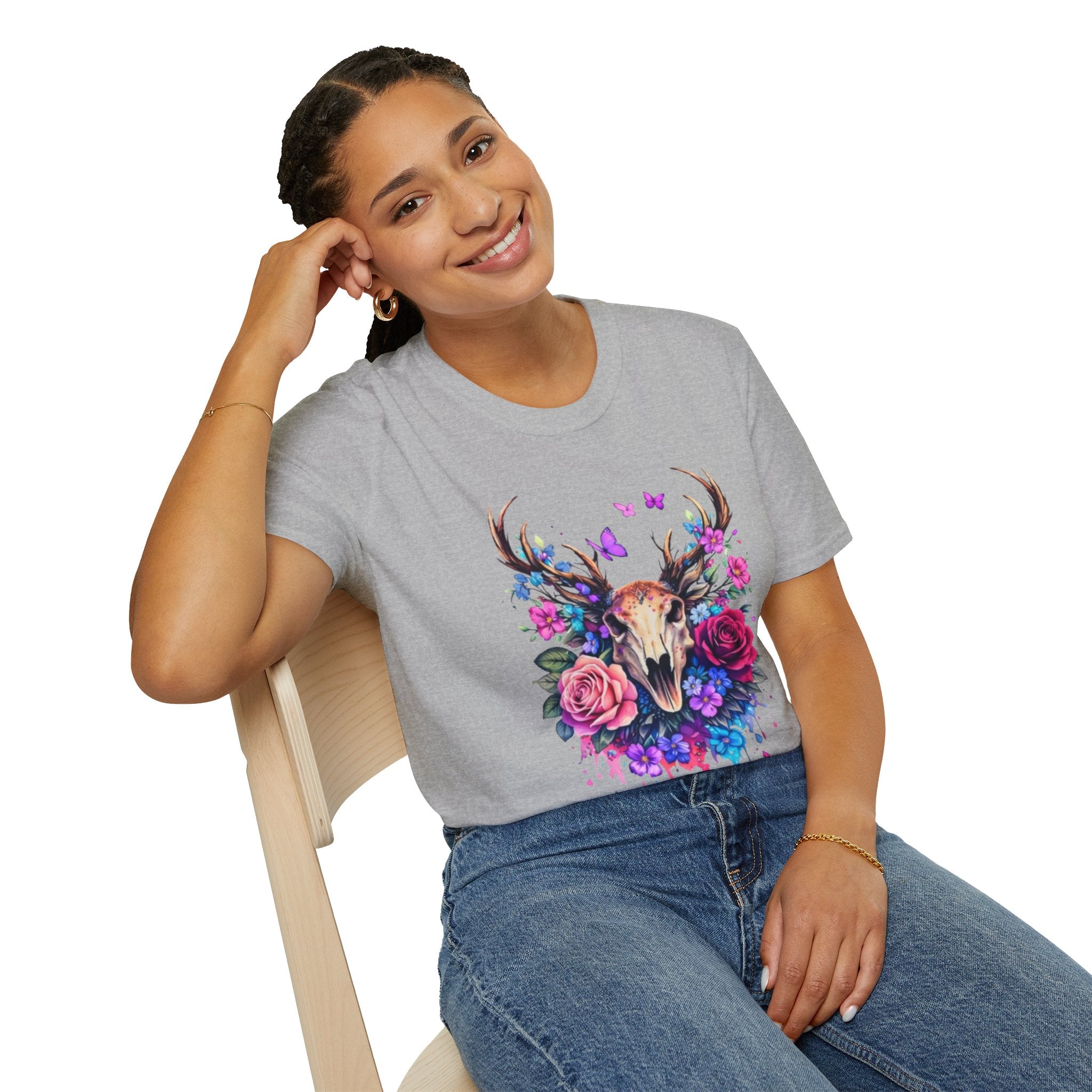 Deer Skull Floral T‑Shirt — Colorful Antler Skull with Roses