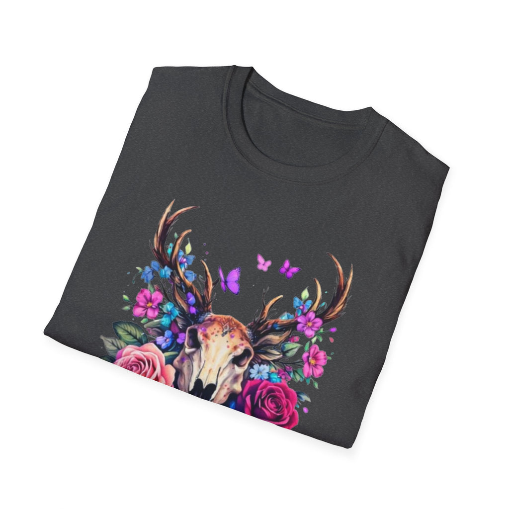 Deer Skull Floral T‑Shirt — Colorful Antler Skull with Roses