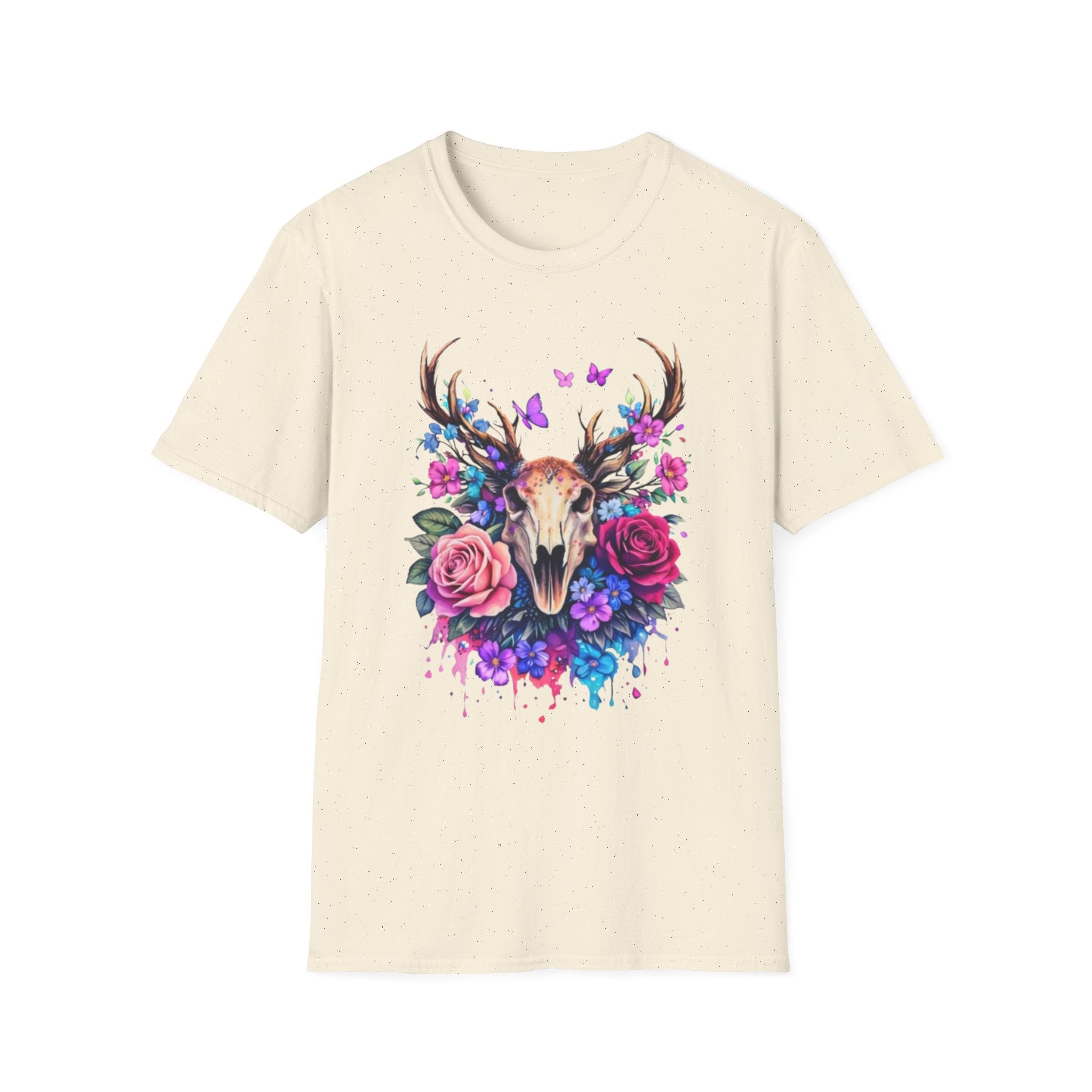 Deer Skull Floral T‑Shirt — Colorful Antler Skull with Roses