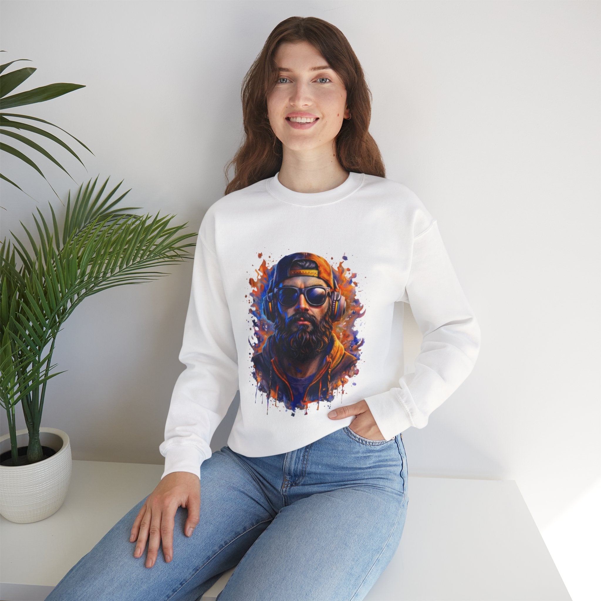 Bearded Hipster Portrait Sweatshirt — Artistic Drip Paint Crewneck