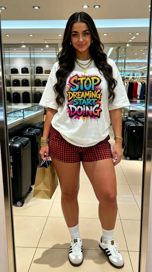 Woman wearing a white t-shirt with colorful text and red plaid shorts in a store.